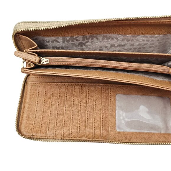 Michael Kors Jet Set Zip Around Tan Gold Large Travel Continental Wallet COA - Picture 4 of 8